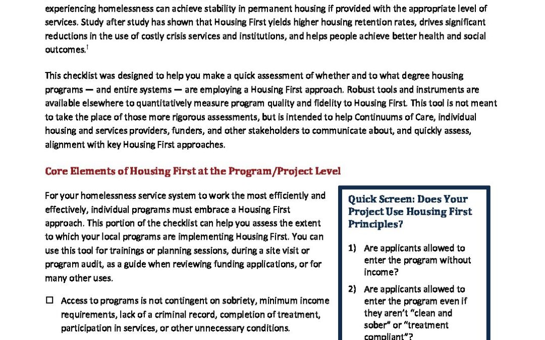 Housing First Checklist Central Minnesota Housing Partnership